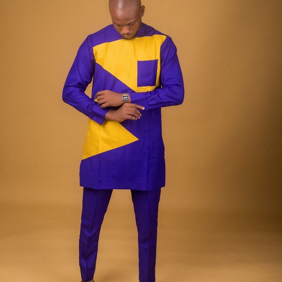 blue yellow bazin african men's suit - Picture 5 of 5